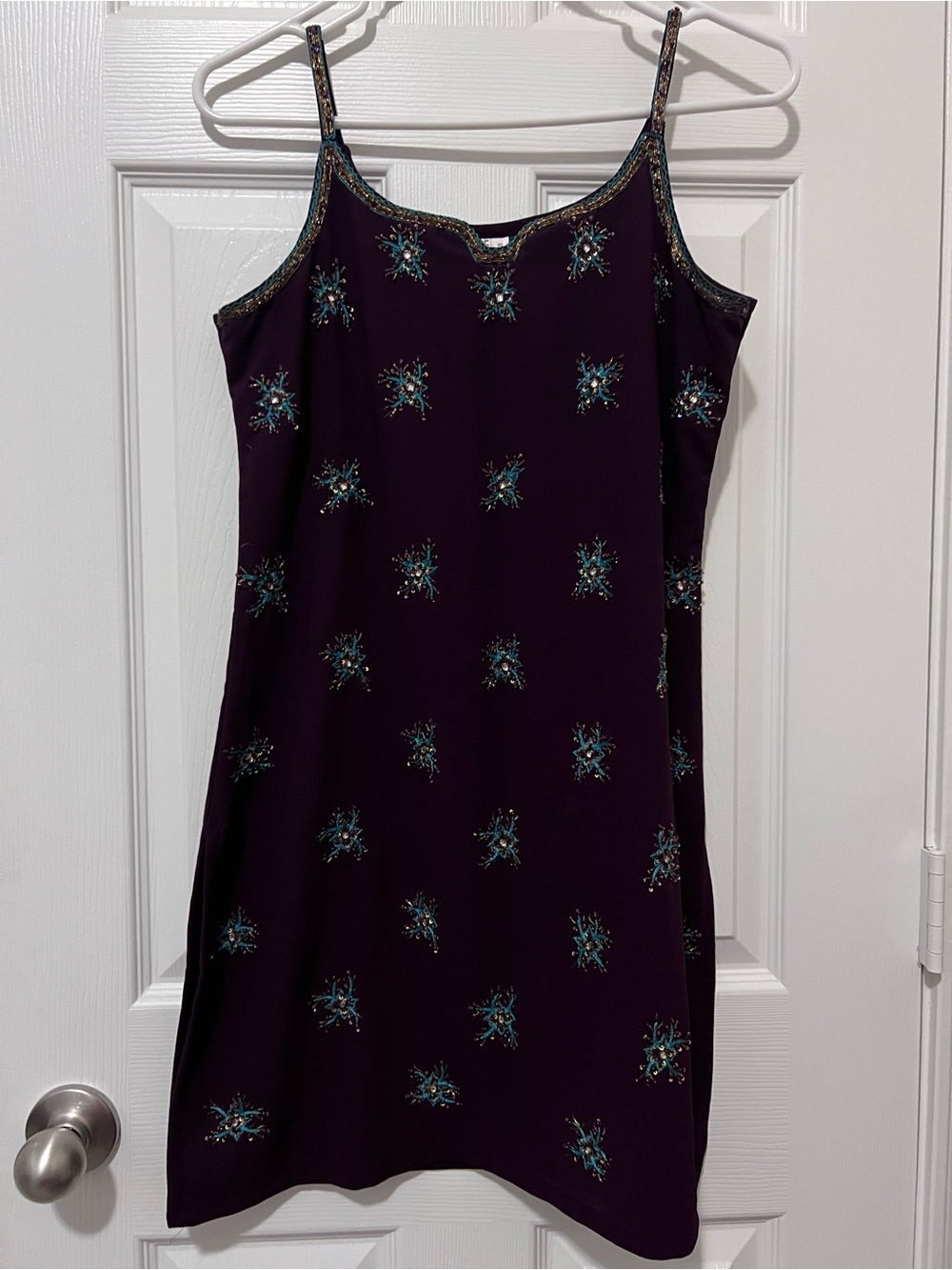 Embellished Plum Slip Mini Dress with Teal Bead Accents Indian outfit